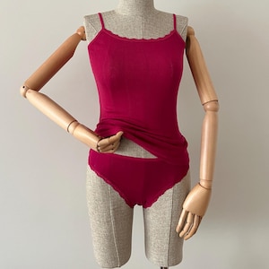 Heart Pointelle Cherry Red Underwear Set, Red Homewear, Cotton Underwear Set, Cotton Panty, Cotton Camisole Red