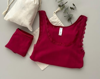 Completo per la casa in cotone biologico, completo per la casa rosso ciliegia, pigiama in cotone rosso ciliegia, completo intimo in cotone, completo intimo rosso