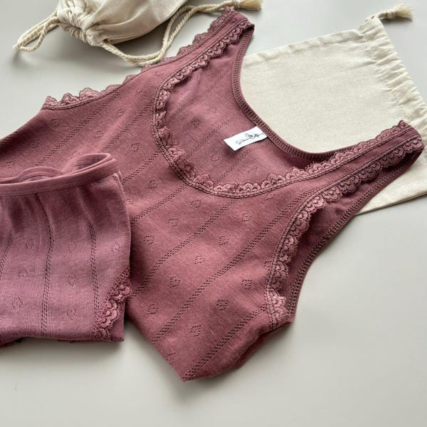 Plum Organic Cotton Lingerie Set, Pointelle Lace Trim