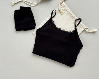 Organic Cotton Black Lingerie Set, Lace Trim Sleepwear