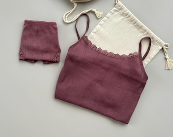 Completo per la casa in cotone biologico, completo per la casa color prugna, pigiama in cotone viola prugna, completo intimo in cotone, completo intimo color prugna