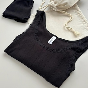 Organic Cotton Wide Strap Tank Top, Black Homewear Set , Black Cotton Sleepwear, Cotton Lingerie Set, Black Lingerie Set