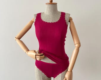 Cherry Red Organic Cotton Lingerie Set, Heart Pointelle Tank Top