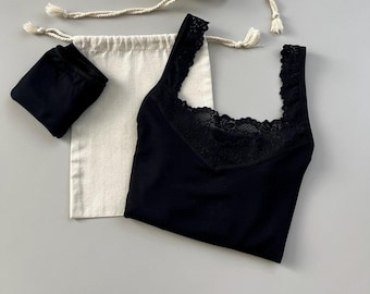 Conjunto de lencería de bambú negro con ribete de encaje
