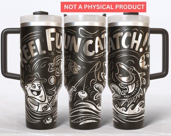 May include: Black stainless steel travel mug with a white design of a fisherman, fish, and the words "Reel Fun Catch!"