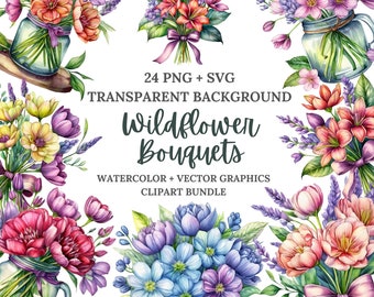 Ramo de flores silvestres en acuarela: 24 gráficos florales PNG SVG (uso comercial)