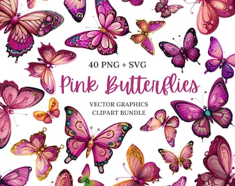 Pink Watercolor Butterfly Clipart Bundle: 40 PNG + SVG, Commercial Use