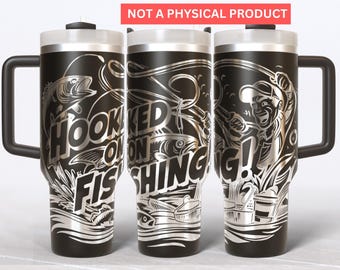 May include: A black stainless steel travel mug with a white design of a fisherman holding a fishing rod and the text "Hooked on Fishing!"