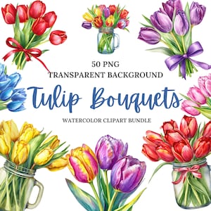 Aquarel Tulp Boeket Clipart Bundel, 50 PNG Transparante Achtergrond, Commercieel Gebruik, Lente Bloemen Clipart, Moederdag Bloemen