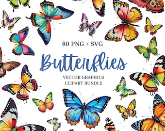 Watercolor Butterfly Clipart Bundle: 60 PNG + SVG Graphics (Commercial License)