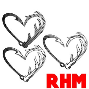 May include: Two black and white stylized images of a heart shape formed by a fishing hook and an antler. The text "RHM" is in red below the images.