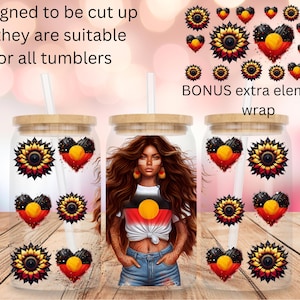 May include: Two clear glass tumblers with a bamboo lid and straw. The tumblers are decorated with a design featuring a woman with long brown hair, a heart with the Aboriginal flag, and sunflowers. The text "BONUS extra elements wrap" is visible at the top of the image.