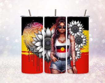 Envoltura para vaso de 20 oz, sublimación, png, chica tatuada, floral, Primeras Naciones, actitud, girasoles, dtf uv, diseño digital