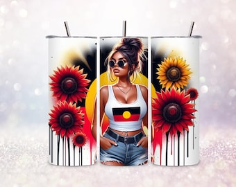 Envoltura para vaso de 20 oz, sublimación, png, chica tatuada, floral, Primeras Naciones, actitud, girasoles, dtf uv, diseño digital