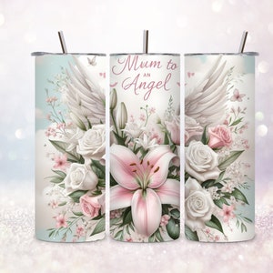Puede incluir: Un vaso de acero inoxidable con un diseño floral blanco y rosa y el texto "Mamá a un ángel".