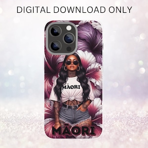 May include: A phone case with a floral design featuring a woman with dark hair and sunglasses. The woman is wearing a white shirt with the word "MÄORI" printed on it. The phone case is a digital download only.