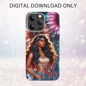 Puede incluir: Una funda de teléfono con un diseño colorido que presenta a una mujer con cabello largo y oscuro y un fondo floral. El texto "Take Only Memories Leave Only Footprints" está impreso en la funda.