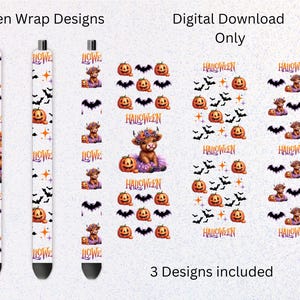 Op de afbeelding: Drie digitale pen-wikkelontwerpen met een cartoon Highland-koe die een paarse tutu en een bloemenkrans draagt. De ontwerpen bevatten ook pompoenen, vleermuizen en het woord "Halloween".