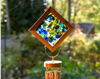 Large Outdoor Wind Chime - Sea Beach Glass - Real Copper Chimes - Colorful Kaleidoscope