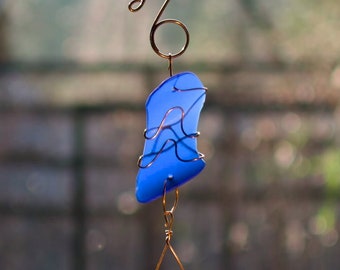 Handmade Sea Glass Art Wind Chime - Cobalt Blue - Outdoor Unique Garden Decor