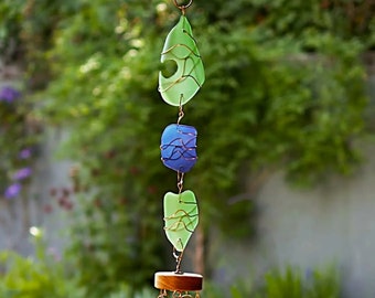 Outdoor Sea Glass Wind Chime - Genuine Copper Chimes - All Season - Relaxing Sound