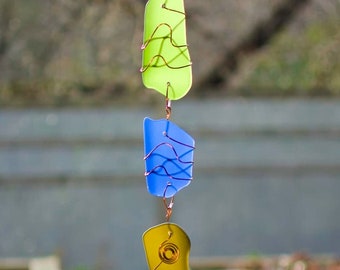 Colorful Sea Glass Wind Chime Suncatcher - Copper Wire Wrapped - Genuine Brass Handmade Chimes - Gentle Sound