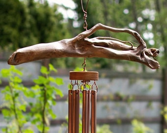 Natural Driftwood Copper Wind Chime - Large Outdoor All Season - Calming Soothing Sounds - Free Engraving