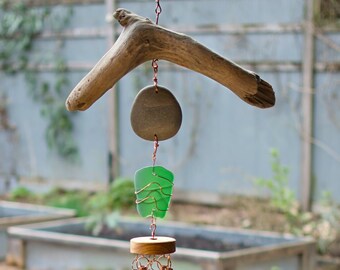 Large Outdoor Wind Chime - Driftwood, Beach Stone,  Sea Glass - Genuine Copper Chimes - Relaxing Sound