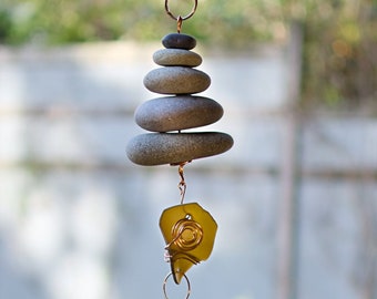 Zen Beach Stone Wind Chime with Sea Glass - Brass Chimes - Calming Gentle Sound