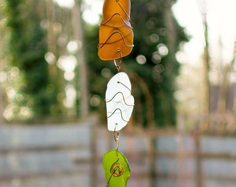 Outdoor Sea Glass Wind Chime - Genuine Brass Chimes - Soothing, Relaxing Sound
