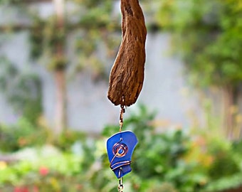 Carillon éolien en bois flotté et verre de mer - Décoration côtière - Pour le plein air toute l'année