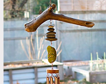 Soothing Coastal Wind Chime - Seaglass and Beach Stone Decor - Unique Driftwood Art - Real Copper Chimes