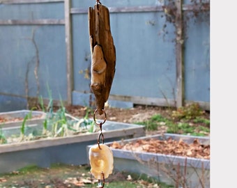 Driftwood Wind Chime with an Oyster Shell and Three Brass Chimes - Naturally Beautiful Beachcomber's Chime - Calming Sound