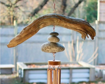 Large Beachcomber Outdoor Wind Chime - Real Copper Chimes - Driftwood and Beach Stones