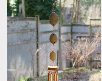 Beach Stone Wind Chime with Real Copper Chimes - Outdoor All Season - Free Engraving