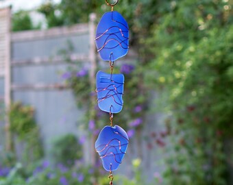 Wind Chime Cobalt Blue Sea Glass 5 Large Copper Chimes Outdoor Windchime