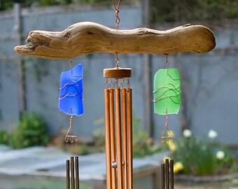 Impressive Driftwood Wind Chime - Copper and Double Brass Chimes - Sea Beach Glass - Coastal Decor