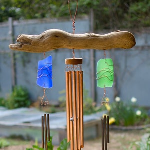 Large driftwood and sea glass triple wind chime, with copper and brass chimes.