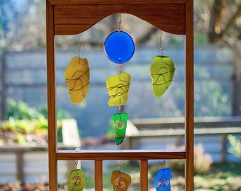 Vibrant Suncatcher with Framed Beach Glass - Oiled Cedar Wood - Colorful Home Accent