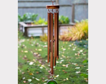 Wind Chime Copper Anniversary Outdoor Handcrafted 7 Chimes Green Glass Windsail