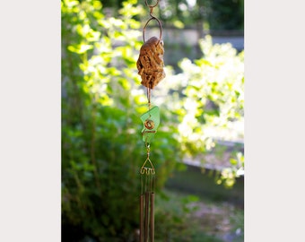 Nature Inspired Wind Chime with Driftwood and Sea Glass - Handmade Brass Chimes