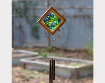 Sea Glass Wind Chime with Brass Chimes - Vibrant Colors - Beach Style Decor