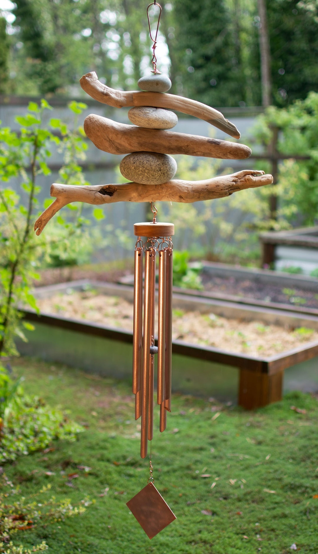 Wind Chime, Driftwood, Beach Stones, 7 Copper Chimes, Naturally Beautiful -   Finland