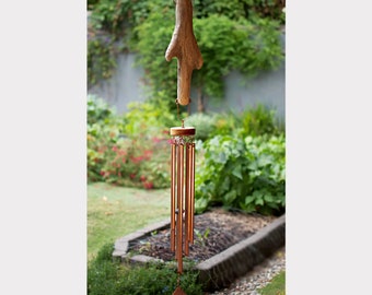 Natural Driftwood Wind Chime with Copper Chimes - Custom Engraving, Soothing Tone, Handmade