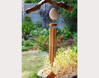 Wind Chime Beach Stone Driftwood 7 Large Copper Chimes Naturally Beautiful