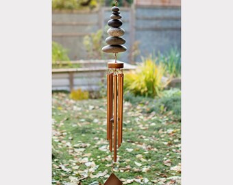 Wind Chime Natural Beach Stones Genuine Copper Chimes Outdoor - free engraving