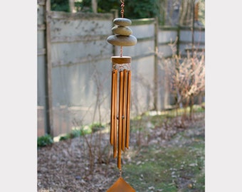 Zen Garden Wind Chime - Copper Chimes - Natural Beach Stone - Soothing Tones