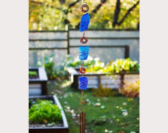 Wind Chime Cobalt Blue Sea Glass Copper Outdoor Windchimes