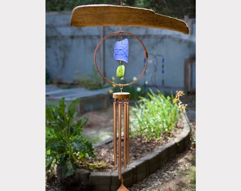 Coastal Charm Wind Chime - Driftwood, Sea Glass, Copper Chimes - Rustic Beach Decor - Soothing Sounds