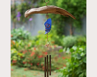 Beach Wind Chime - Genuine Brass Chimes, Driftwood, and Blue Sea Glass - Soothing Sounds for Your Home